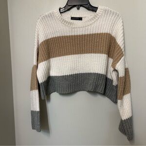 Moon & Madison Striped Sweater S Cream Brown Gray Colorblock Chunky Knit Cropped